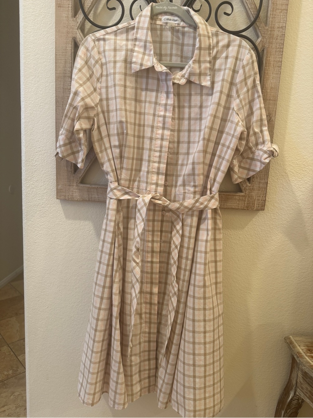 Calvin Klein Beige and Cream Plaid Midi Shirt Dress with Tie Waist
